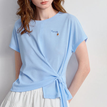 TOYOUTH Women's Asymmetric Wrap Tie T-Shirt 2026 Summer New Long Sleeve Starfish Print Loose Pullover Top