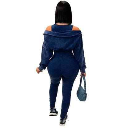 CM.YAYA Fashion Women Knit Ribbed Long Sleeve Moto Biker Jumpsuits Strap Autumn Washed Streetwear Slim One Piece Suit Romper