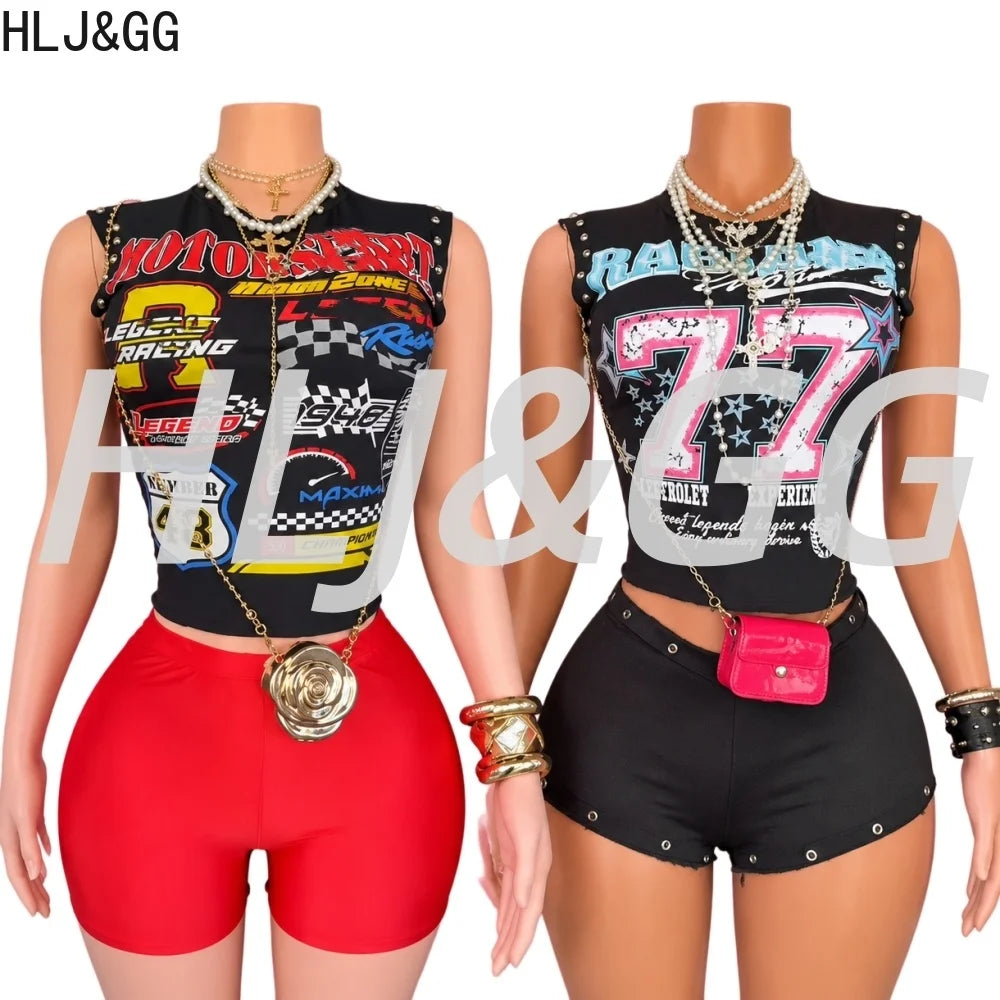 HLJ&GG Trend Fashion Letter Print Rivet Tshirts Two Piece Sets Women O Neck Sleeveless Top And Shorts Outfit Y2K 2pcs Streetwear