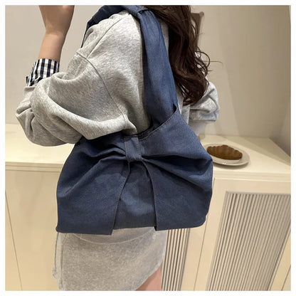 Sweet Bowknot Design Women's Denim Shoulder Bags Commuter Thread Ladies Handbags Casual Lightweight Female Underarm Tote Bag