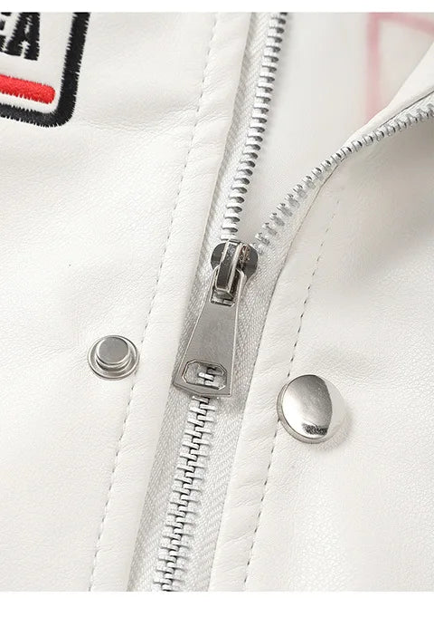 Women's Embroidered White PU Leather Jacket Motorcycle Wear Trendy Jazz Dance Autumn 2025 Collection New Arrival