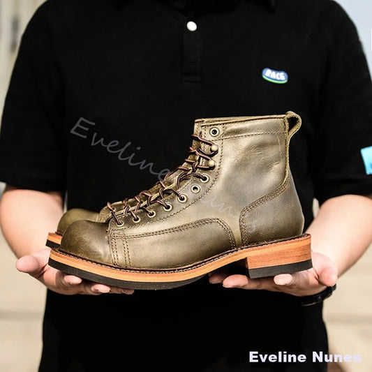 Genuine Leather Casual Trekking Shoes Men Round Toe Dress Work Motorcycle Boots British Thick Soled Cowhide High Top Ankle Boots