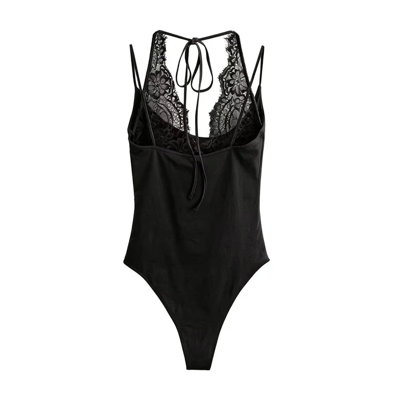 Women's Jumpsuit 2026 Spring New Solid Color Halter Neck Lace Splice Sexy Slim-Fit Romper Personalized Fashion