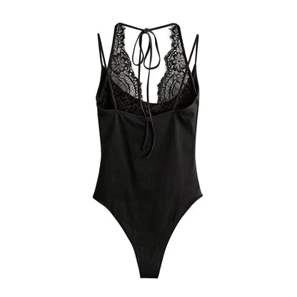 Women's Jumpsuit 2026 Spring New Solid Color Halter Neck Lace Splice Sexy Slim-Fit Romper Personalized Fashion