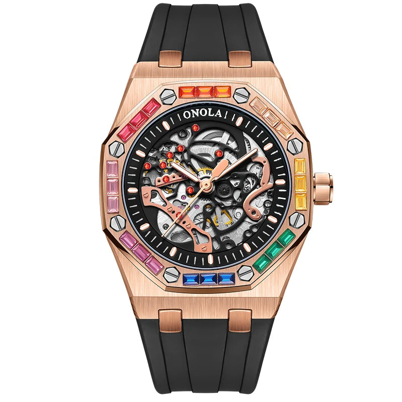 ONOLA 3834 Luxury Diamond Set Design Men's Automatic Mechanical Watch Fashion Hollow Sports Silicone Strap Watches for Man