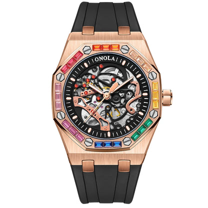ONOLA 3834 Luxury Diamond Set Design Men's Automatic Mechanical Watch Fashion Hollow Sports Silicone Strap Watches for Man
