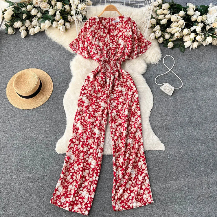 2026 New Summer Beach Summer Floral Jumpsuits Fashion V Neck Elastic Slim Short Sleeve Streetwear Vacation Retro Long Rompers