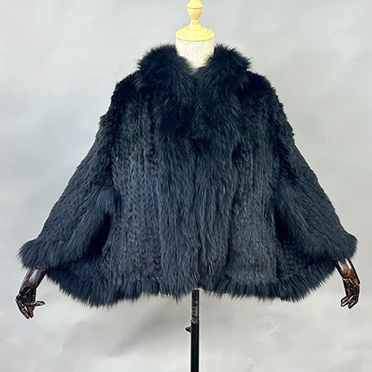 New Real Genuine Natural Knitted Rabbit Fur Shawl Coat With Fox Fur Collar Women's Fashion Knit Jacket Cape