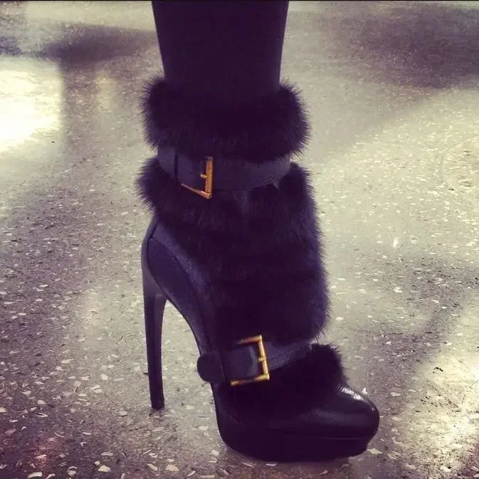 Winter Platform Belt Buckle Soft Fur Short Boots Fashion Show Party Casual Furry Boots New Sexy Women's Stiletto Warm Boots