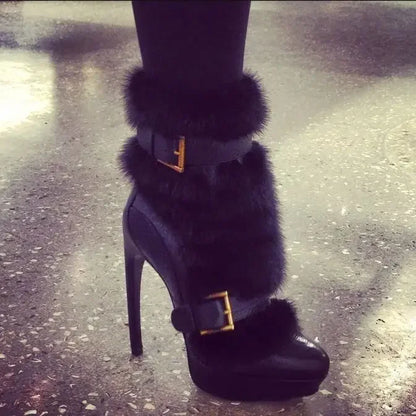 Winter Platform Belt Buckle Soft Fur Short Boots Fashion Show Party Casual Furry Boots New Sexy Women's Stiletto Warm Boots