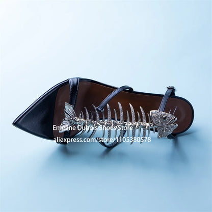 Fish Bone Sandals Rhinestone Slingback High Heels Pointed Toe Stiletto Pumps for Party Evening Sexy Women Summer Shoes Plus Size