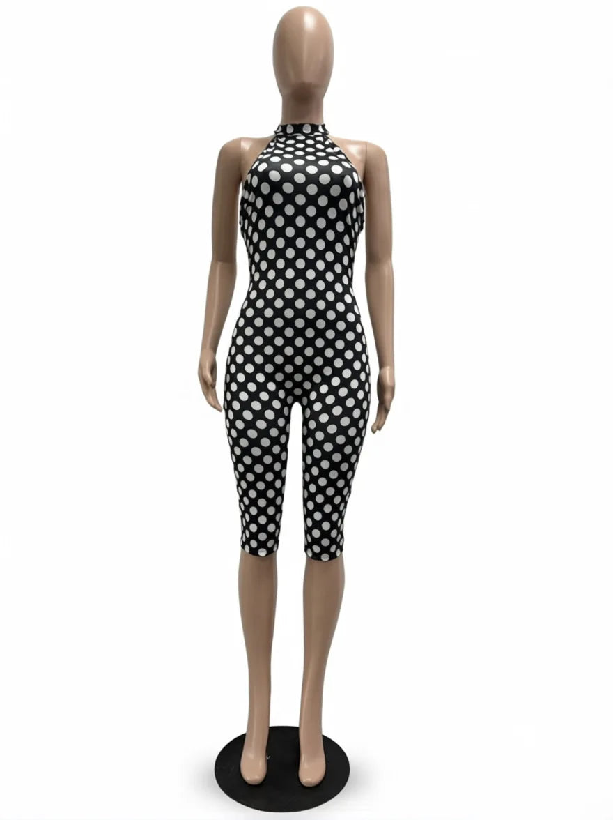 European and American New Style Women's Clothing Spring and Summer Polka Dot Print Elastic Halter Neck Backless Slim Fit Jumpsuit Women's Jumpsuit