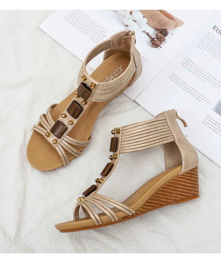 High quality leather flat sandals for women 5cm mid heel with beading summer 2026 36 42 open toe casual vintage shoe black beige