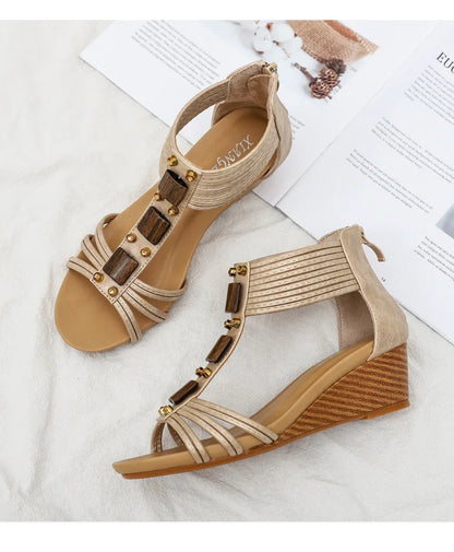 High quality leather flat sandals for women 5cm mid heel with beading summer 2026 36 42 open toe casual vintage shoe black beige
