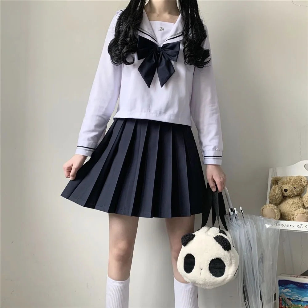 Japanese Female Student Jk Skirt Suit White Basic Style College Style Sailor Suit Bow Pleated Skirt High School Student Uniform