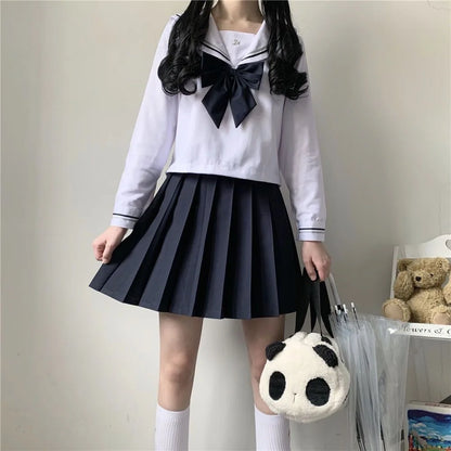 Japanese Female Student Jk Skirt Suit White Basic Style College Style Sailor Suit Bow Pleated Skirt High School Student Uniform