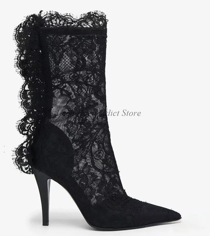 Sexy Black/Red Lace Embroidered Ankle Boots 2025 New in Women's High Heels Pointed Toe Wedding Boots Luxury Designer Party Shoes