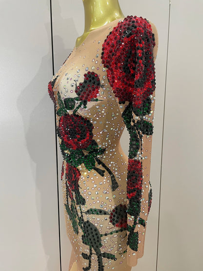 Women Sparkly Diamonds Rose Floral Long Sleeves Floor-Length Dress Eveing Celebrate Birthday Party Nightclub Sexy Stage Costume