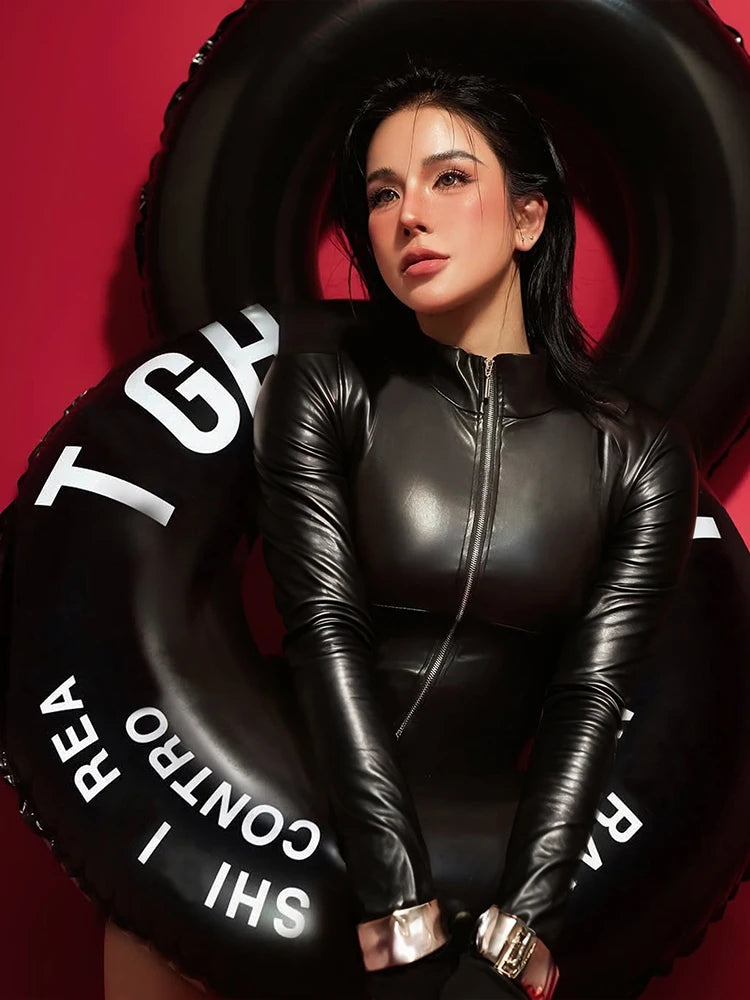 kliou Fake Plastic Glossy Women Playsuits Cool Fall Solid Stand Collar Zip-up Full Sleeve Elastic Rompers Mujer Trend Clubwear