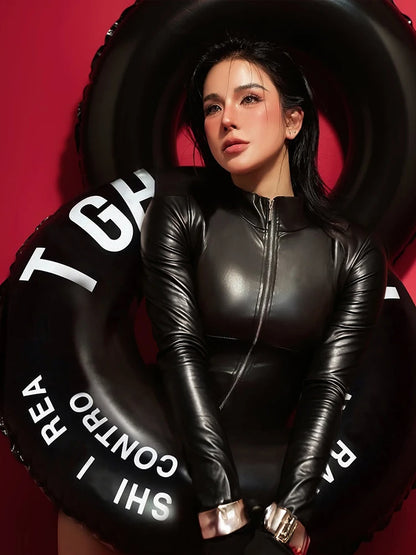 kliou Fake Plastic Glossy Women Playsuits Cool Fall Solid Stand Collar Zip-up Full Sleeve Elastic Rompers Mujer Trend Clubwear
