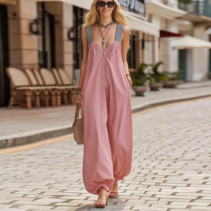 Women Striped Jumpsuit Sleeveless Wide Leg Romper Summer Zipper Jumpsuits Casual Beach Vacation Party Daily Outfit Wear