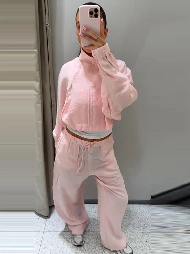Stand Collar Thin Cropped Coats Pants Suits Women Street Lantern Long Sleeve Zipper Loose Tops Drawstring Wide Leg Trousers Sets