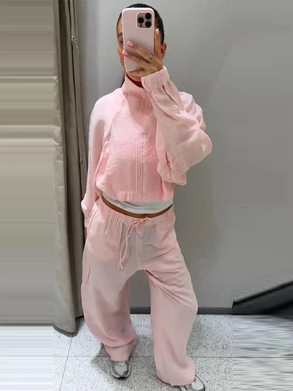 Stand Collar Thin Cropped Coats Pants Suits Women Street Lantern Long Sleeve Zipper Loose Tops Drawstring Wide Leg Trousers Sets