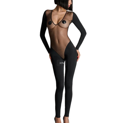 Summer Slim Fit Midi One-piece Women's Sexy Sheer Mesh Insert Long Sleeve High Neck Black Bodycon Party Clubwear One-piece Pants