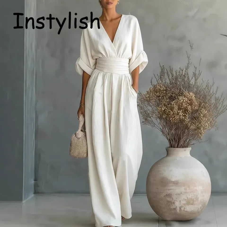 Women Elegant Linen V Neck Short Sleeve Jumpsuit Waist Cinched Wide Leg Long Pants Rompers with Pockets Casual Ladies Overalls