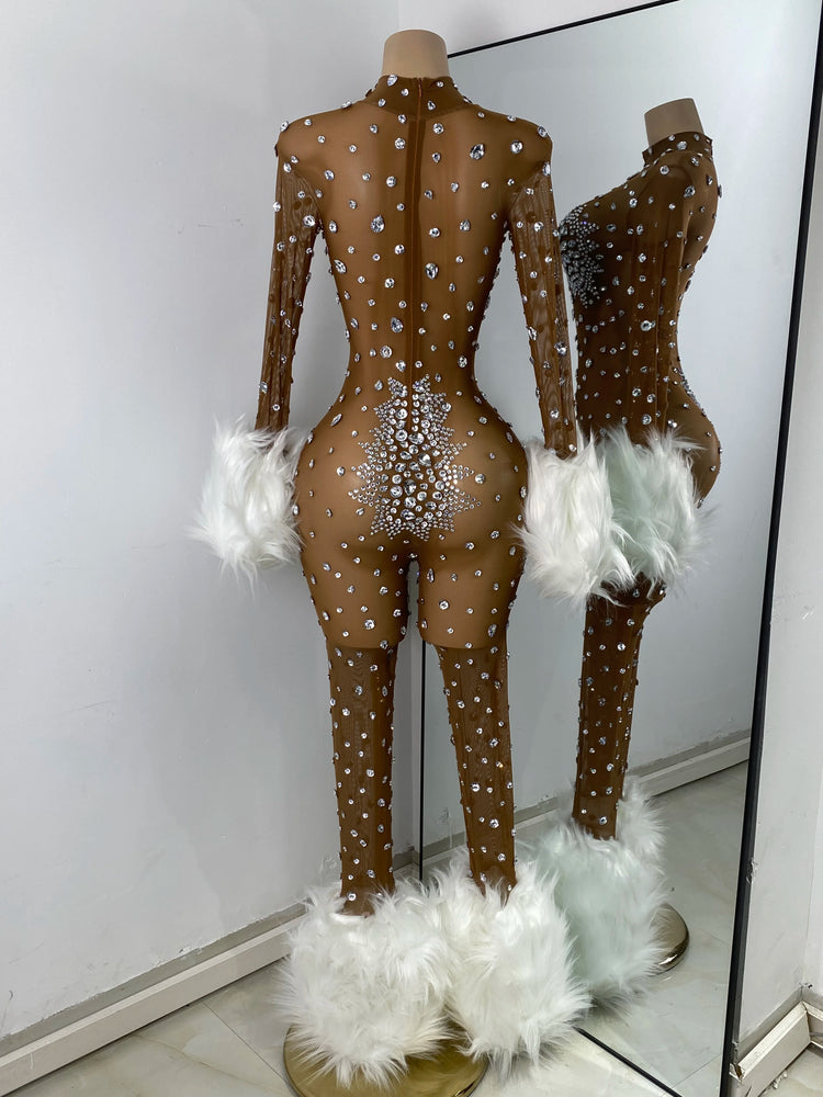 Luxury Diamonds Mesh Transparent Stretchy Jumpsuit for Women Sexy Long Sleeve Performance Singer Costume Nightclub Outfit 2025