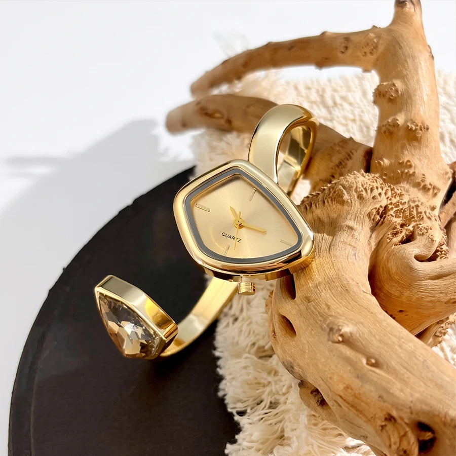 Stylish Irregular Dial Big Diamond Open Cuff Gold Watch for Woman