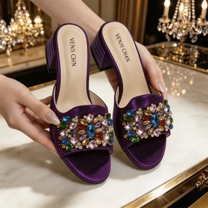 Women Luxury Multicolor Rhinestone Blue Heel Mules Black Satin Open Toe Slip On Sandals Elegant Wedding Evening Party Designer