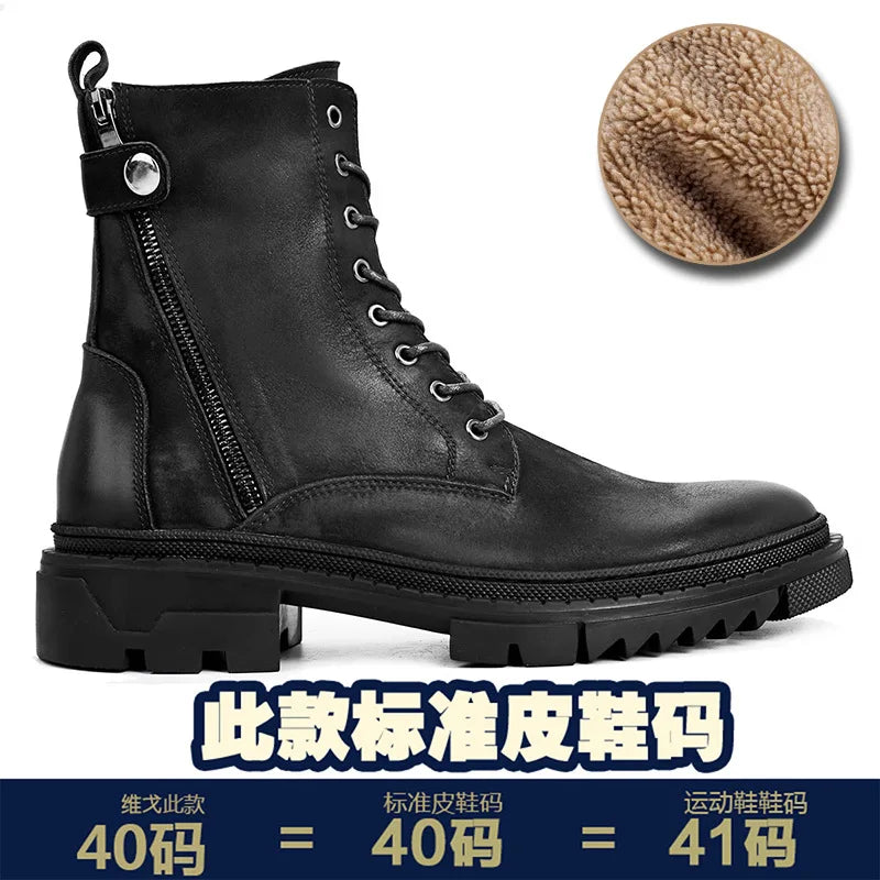 Round Head Casual Combat Boots Thick-soled High Boots Men's High Top Leather shoe Zipper Leather Boots motorcycle boots men