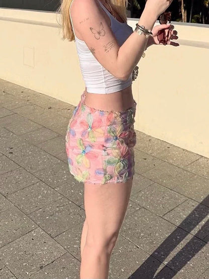 Weird Puss Colorful Flowers Skirts Women Sequins Patchwork Mesh Summer Trend Sweet Street Party Casual Holiday Chic Mini Bottoms
