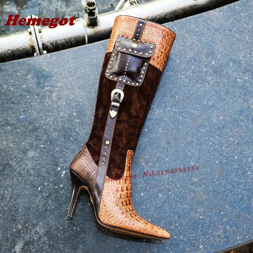 Croc-Pattern Patchwork Knee High Boots Rivet Pocket Stiletto Heels Women's Long Boots Buckled Splicing Casual Shoes 2026 New