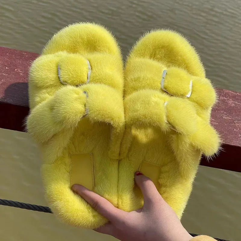 Luxury Designer Slipper Women 2025 Winter European Fashion Women's Shoes Ladies Slippers 100% Mink Slippers Shoes for Woman