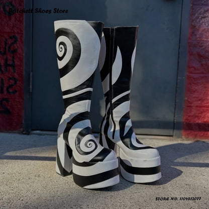 Patchwork Geometric Platform Knee Boots 2025 Spring Autumn Women's Height Increasing Shoes Round Toe Chunky Heel Western Boots