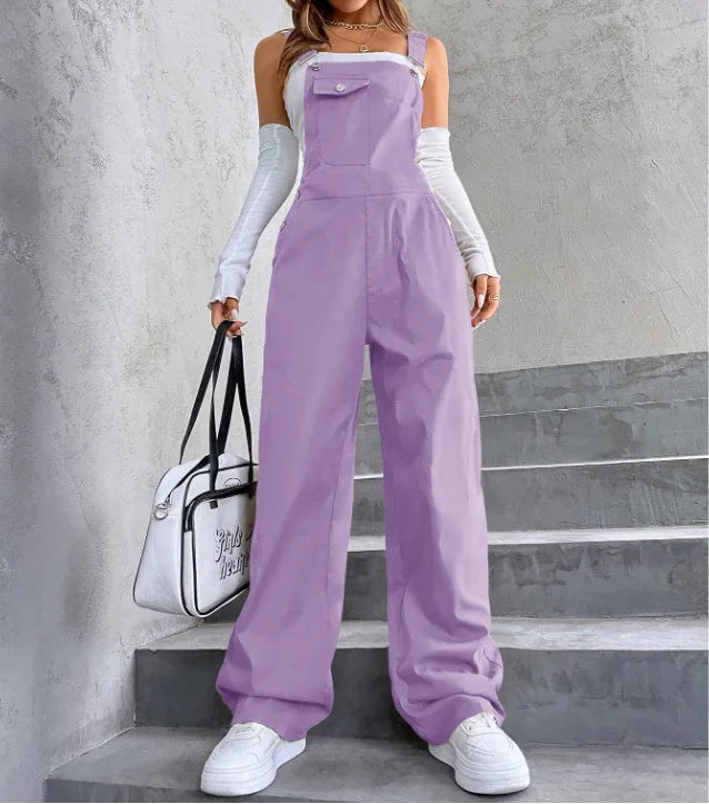 Women's Casual Bib Overalls Adjustable Shoulder Strap Pocket Wide Leg Jumpsuit Loose Straight Women Streetwear Suspender Pants