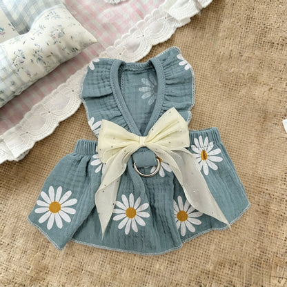 Daisy Print Pet Harness Dress Ruffle Straps Big Sheer Bow D Ring Traction Skirt Summer Thin Clothes for Small Dogs Cats