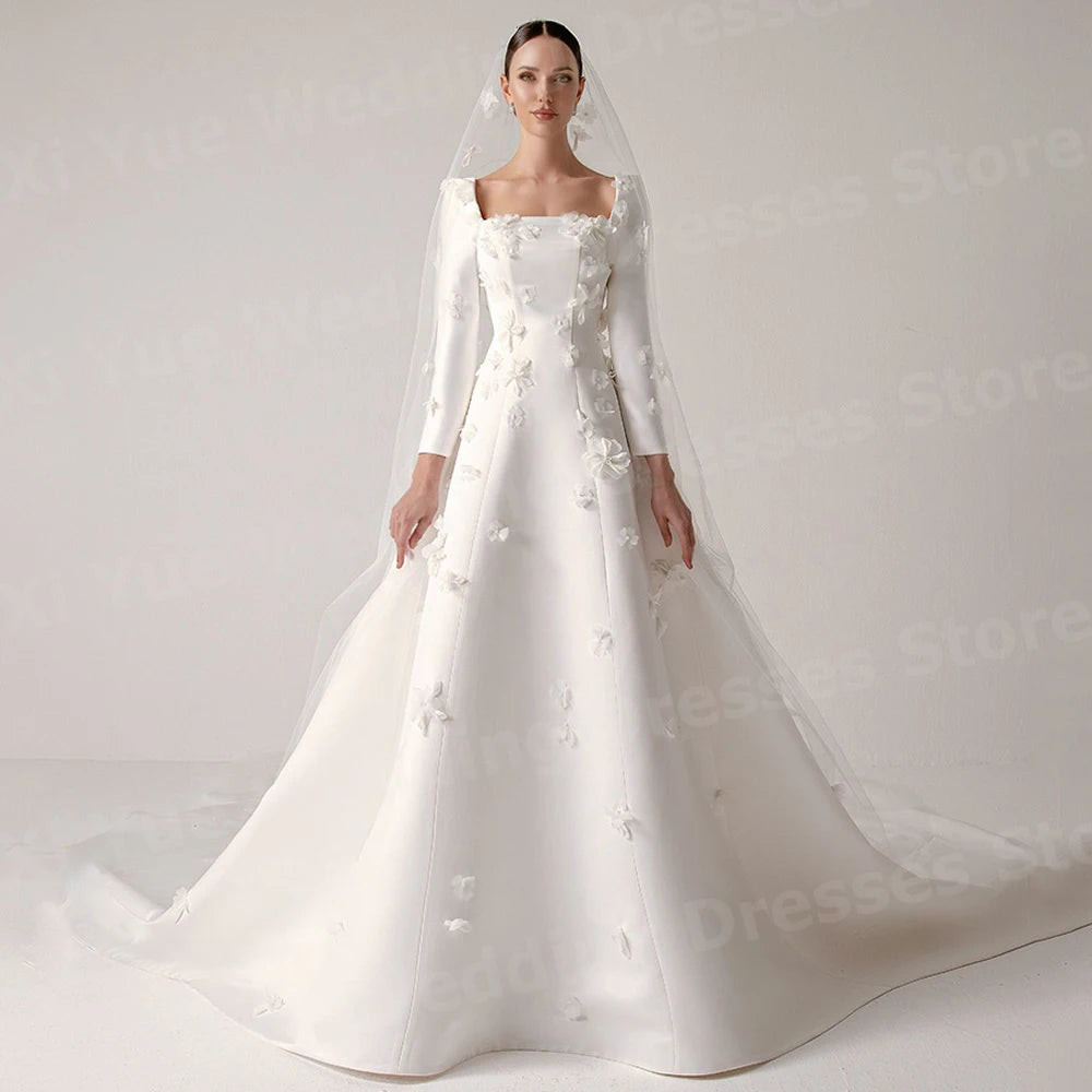 Luxurious A Line Women's Wedding Dresses Long Sleeve Vestidos De Novia Bride Gowns Customized Square Neck Flowers Vestidos Boda