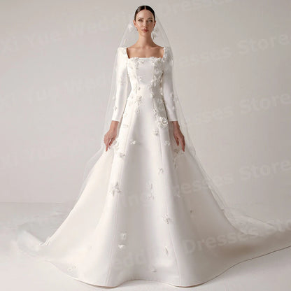 Luxurious A Line Women's Wedding Dresses Long Sleeve Vestidos De Novia Bride Gowns Customized Square Neck Flowers Vestidos Boda