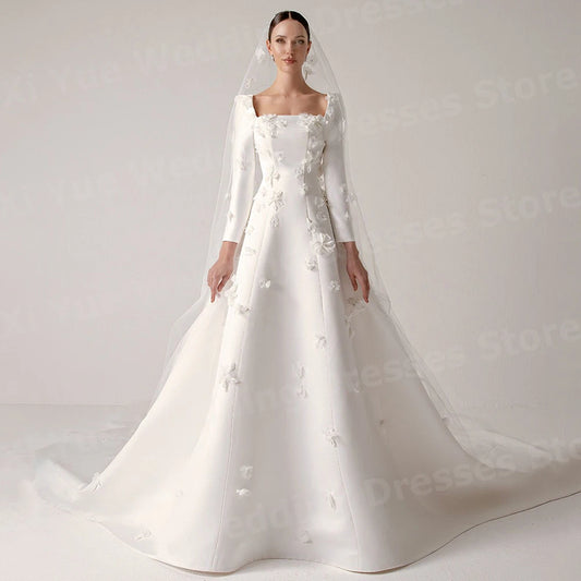 Luxurious A Line Women's Wedding Dresses Long Sleeve Vestidos De Novia Bride Gowns Customized Square Neck Flowers Vestidos Boda