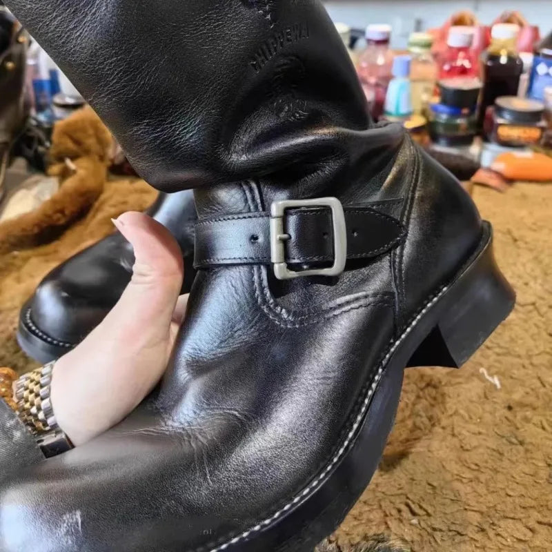 Motorcycle Boots Men's Black Knight Shoes Black Leather Belt Buckles Chelsea Boots Trendy Luxury Handmade Men's Shoes
