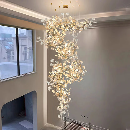 High Ceiling Ginko Leaf Chandeliers for Duplex Staircase Long Gold Leaf Pendant Hanging Chandelier for Vila Table Lobby Hotel