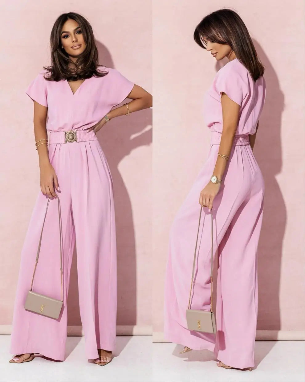 Jumpsuits women 2026 rompers new summer solid color short-sleeved V-neck wide-leg jumpsuits women's clothing
