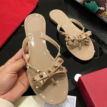 Summer Slippers Women Fashion Flip Flops Luxury Designer Female Beach Rivet Big Bow Flat Sandals Girls Jelly Shoes
