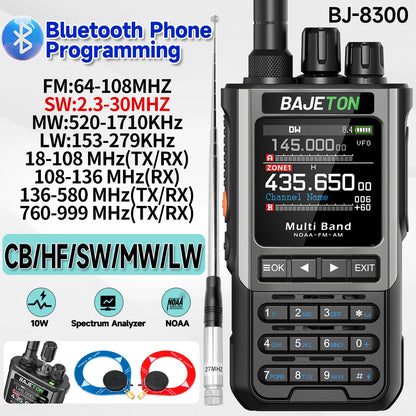 BAJETON BJ-8300 Walkie Talkie 10W Tri Power SW MW LW AM SSB CB Receive Wireless Bluetooth Phone Programming NOAA Two Way Radio