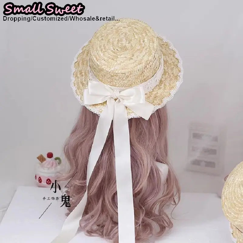 Small Sweet Store Lolita Straw Hat Lolita Princess Lace Bow Ribbon Straw Hat Women Girls Summer Straw Hats Beach Sun Hat