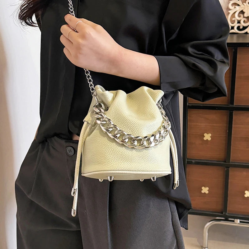 100% Genuine Leather Women Shoulder Crossbody Bags High Quality Solid Color Cow Leather Bucket Handbag Luxury Female Sac