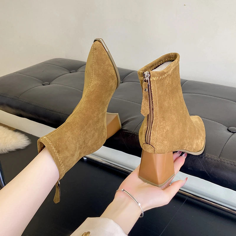 Winter Women Thick Heel Ankle Boots Fashion Pointed Toe Mordern Short Booties Street Style Party Stripper Female Shoes